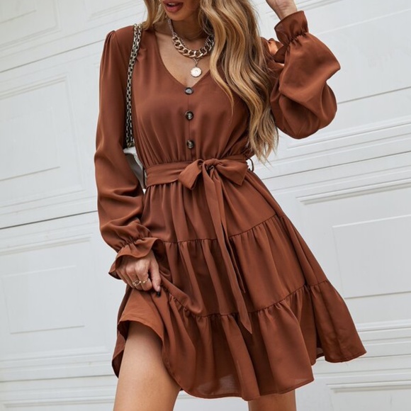 BellanBlue Dresses & Skirts - Rust Brown Button Ruffle V neck Mini Dress